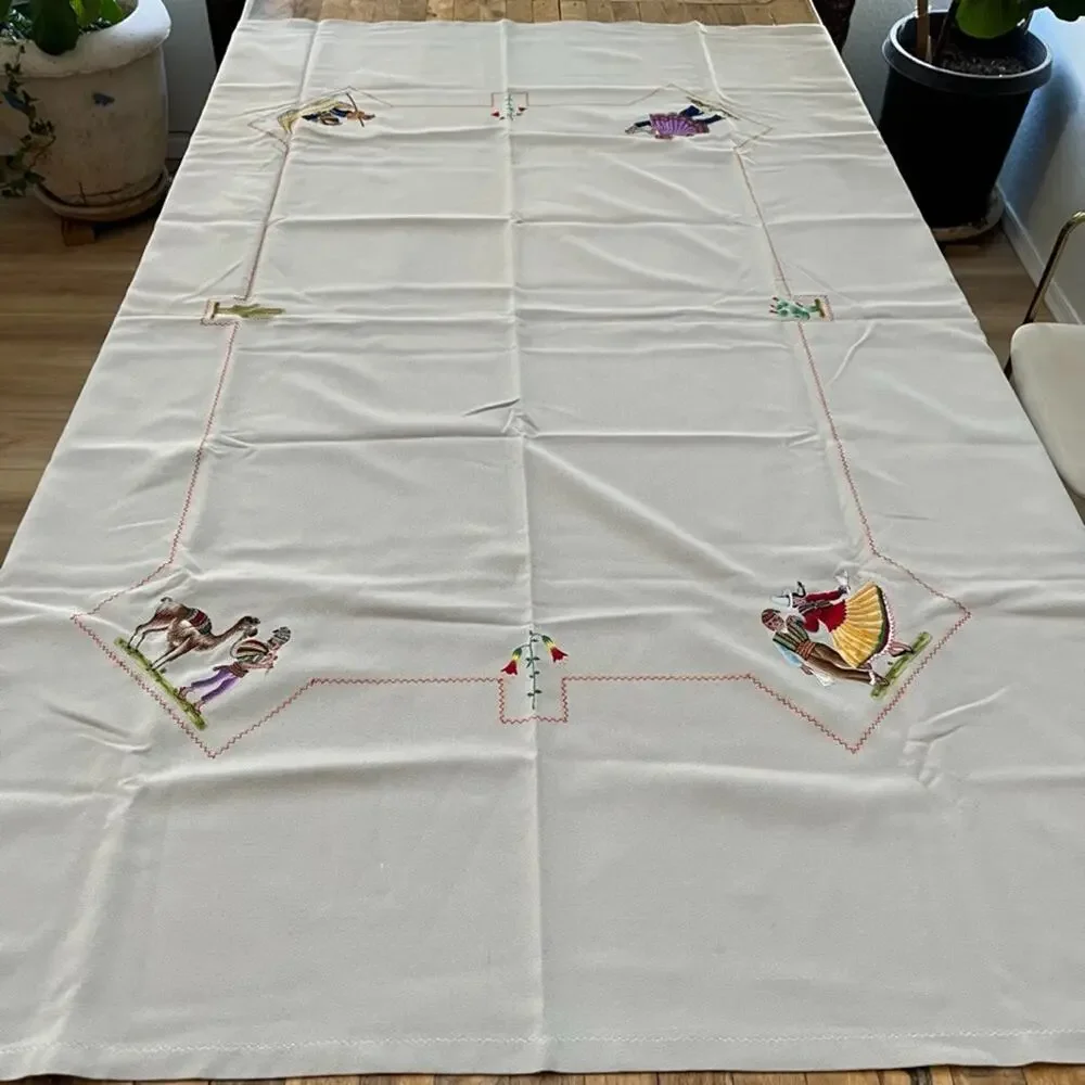 Vintage Hand-Embroidered Folk Figures & Motifs Taupe Cotton Tablecloth 52 x 70